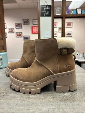 UGG Chestnut Suede Shearling-Cuff Platform Booties